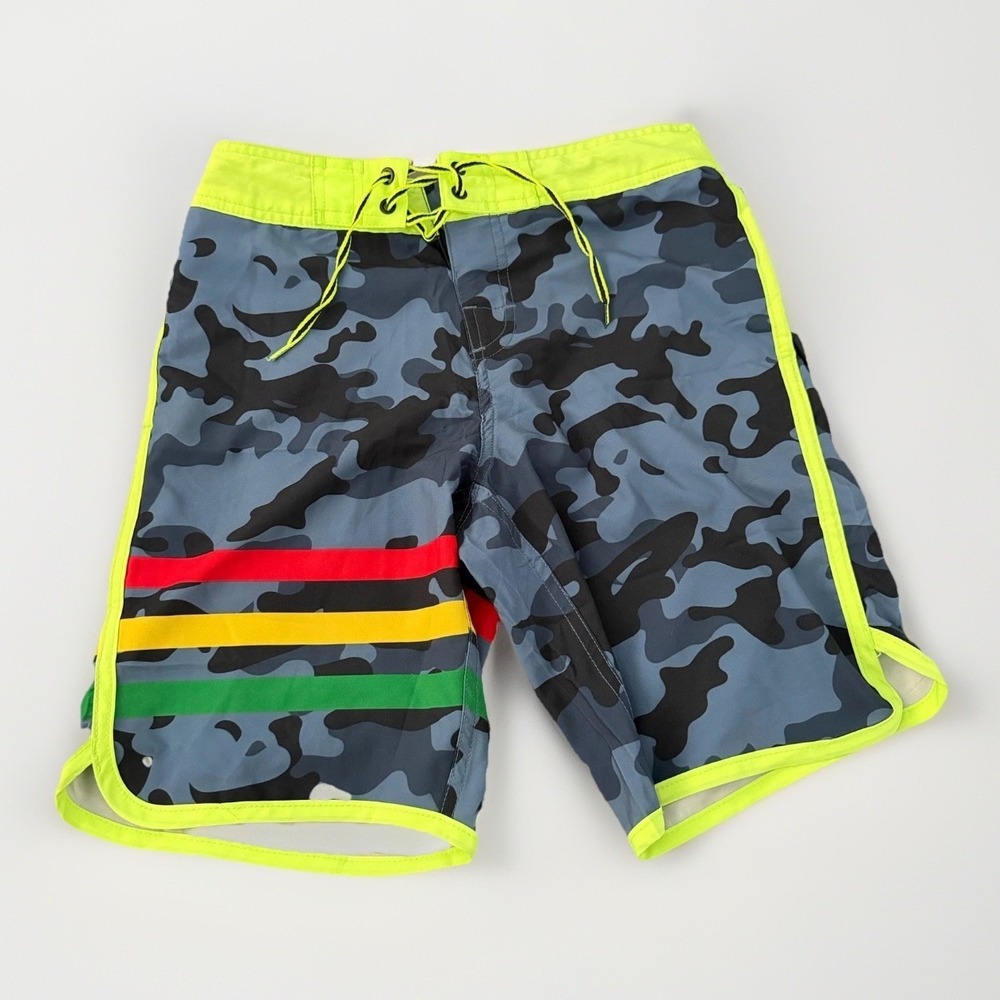 Wailoa Reggae Camo Retro Island Coastal Surf Beachwear Boys Board Shorts Size 12